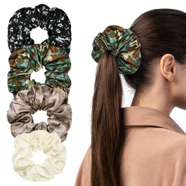 Yonchic 4 -Piece Luxury Satin Hair Scrunchies Set, Non-slip Gentle Elastic Hair Ties for Women Girls, Ponytail Holders Scrunchy for All Hair Types (Flower Print)