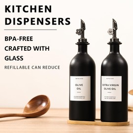 HOMCDALY Olive Oil Dispenser for Kitchen, Glass Olive Oil Dispenser Bottle, Black Oil and Vinegar Dispenser Set, Kitchen Oil Dispenser with Bamboo Tray, Oil Cruet| Set of 2 (16oz – Black)