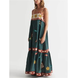 Thopavenoir Boho Floral Print Midi Dress for Women Long Sleeve V Neck Tiered Long Dresses Smocked Beach Bohemian Sundress (F Green, M)