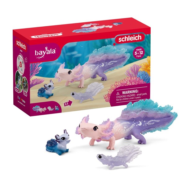 schleich Bayala 42628 Axolotl Salamander Underwater World Playset - 3-Piece Magic Axolotl Salamander Playset with Mum and Baby Axolotls, Figures for Children from 5-12 Years