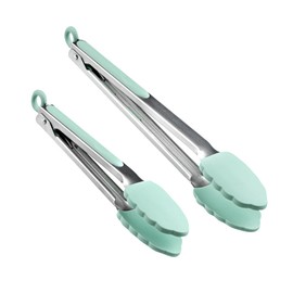 Restaurantware Met Lux 9 And 12 Inch Kitchen Tong Set 1 Dishwashable Food Tong Set - Scalloped Silicone Head Grip Handle With Thumb Rest Teal Stainless steel Tongs For Cooking Easy-Pull Lock