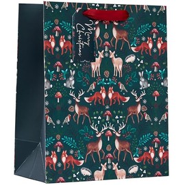 Design By Violet Merry Christmas Woodland Animal Gift Bag with Gift Tag - Green - Large - Gift Bag for Christmas, Gift Wrap, Christmas Wrapping Paper, Xmas, Festive Gift Bag