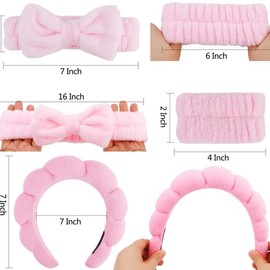 Bubble Headband and Bowknot hair band & Wristband Set Face wash Skincare Headband Pink Puffy Makeup Headband Face Wash Headband Sponge Hair Band Wrist Bands for Washing Face Skin Care Teen Girl Gifts Trendy Stuff