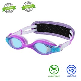 RUIGAO Swim Goggles For Kids 3-6, Toddler Swimming Goggles No Hair Pull, Kids Goggles with Case/Padded Fabric Strap (1PK - Purple Dolphin)