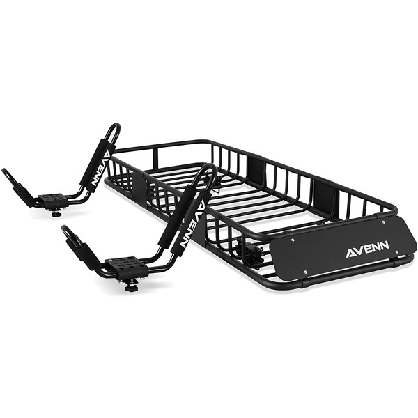 AVENN Rooftop Basket & J-Bar Kayak Rack for Canoe, Skis, Paddleboard or Surfboard, Heavy Duty Boat Carrier, Camping Storage Roof Mount for Car, Truck or SUV Transport