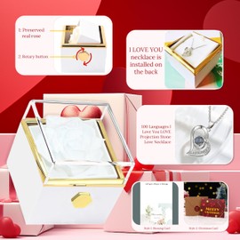 Preserved Real Rose Rotate Box with I Love You Necklace in100Languages-Eternal Flowers Rose Romantic Gifts for Mom Wife Girlfriend daughter for Valentines Day Christmas Birthday (White)