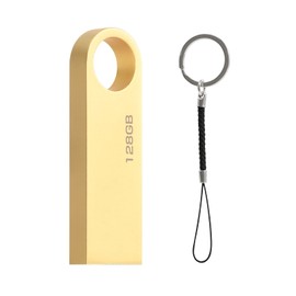 USB Stick 128 GB, Mini USB Sticks 128 GB with Key Fob Memory Stick USB 2.0 Flash Drive USB Flash Drive 128 GB (Gold)