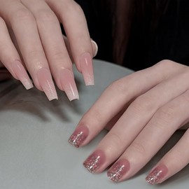 KEYRI 48 Pcs Natural Gradient Pink Fake Nails Glossy Full Cover Stick on Nails Manicure Kit Press on Nails Pink Gradient Stick on Nails French False Nails Nail Art Accessories (Pink, Medium)