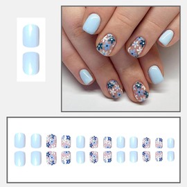 24 Pcs Flower Press on Nails Short Square RIICFDD Light Blue Fake Nails Spring False Nails with Cute Floral Designs Glossy Full Cover Stick on Nails for Women Girls Acrylic Nails