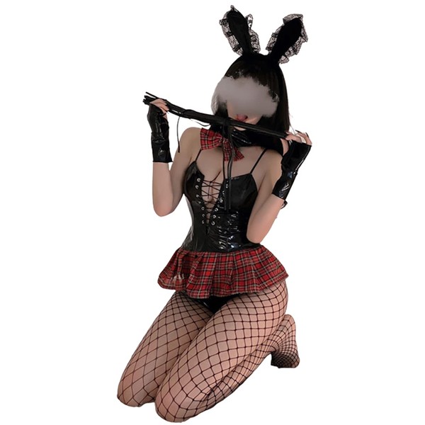 Lady Lazy Sexy Bunny Girl, Black Leather, Bondage, Queen, Chest Opening, Costume, Temptation, Extreme Costume, Enamel, Black, Rabbit Ears, Fishnet Tights Included