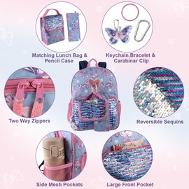 Trail maker Girls 6 in 1 Backpack and Lunch Box Set for School with Pencil Case, Water Bottle, Keychain Attached for Kids (Sequins & Butterflies)