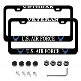 2 Pcs License Plate Frame for U.S. Air Force Veteran Black Matte Aluminum USAF Car Plate Cover Holders with Screw Caps