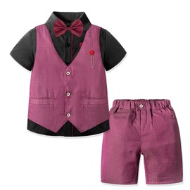 Nwada Baby Boys Gentleman Set for Children Christening Clothing Suit for Summer, Children's Suits for Wedding, Vest + Shirt + Shorts + Bow Tie 2-7 Years, red black