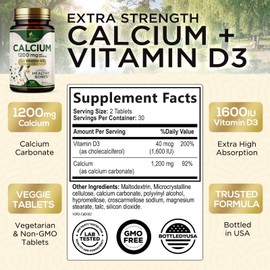 Calcium 1200 mg with Vitamin D3 - Bone Health Supplement, Vitamin D & Calcium Supplements for Women & Men - Bone Strength, Teeth & Immune Support, Nature's Calcium Pills, Bottled in USA - 60 Tablets