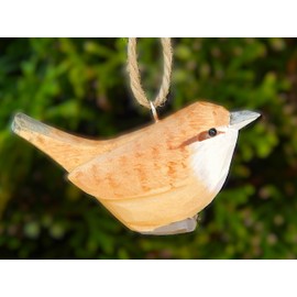 Wren Bird Wood Ornament Hanging Figurine Handmade Carved Decoration