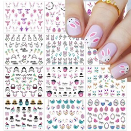 IDDFEVE Easter Nail Art Stickers - Glitter Bunny Eggs Flowers Self-Adhesive 3D Nail Decals for DIY Spring Holiday Floral Rabbits Carrot Manicure (12 Sheets)