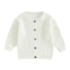 MAHUAOYIXI Baby Girls Boys Sweater Solid Color Cardigan Long Sleeve Button Up Knit Pullover Warm Sweater Toddler Clothes Knitwear Baby Jumpers Tops Casual for Fall Winter (White, 18-24 Months)
