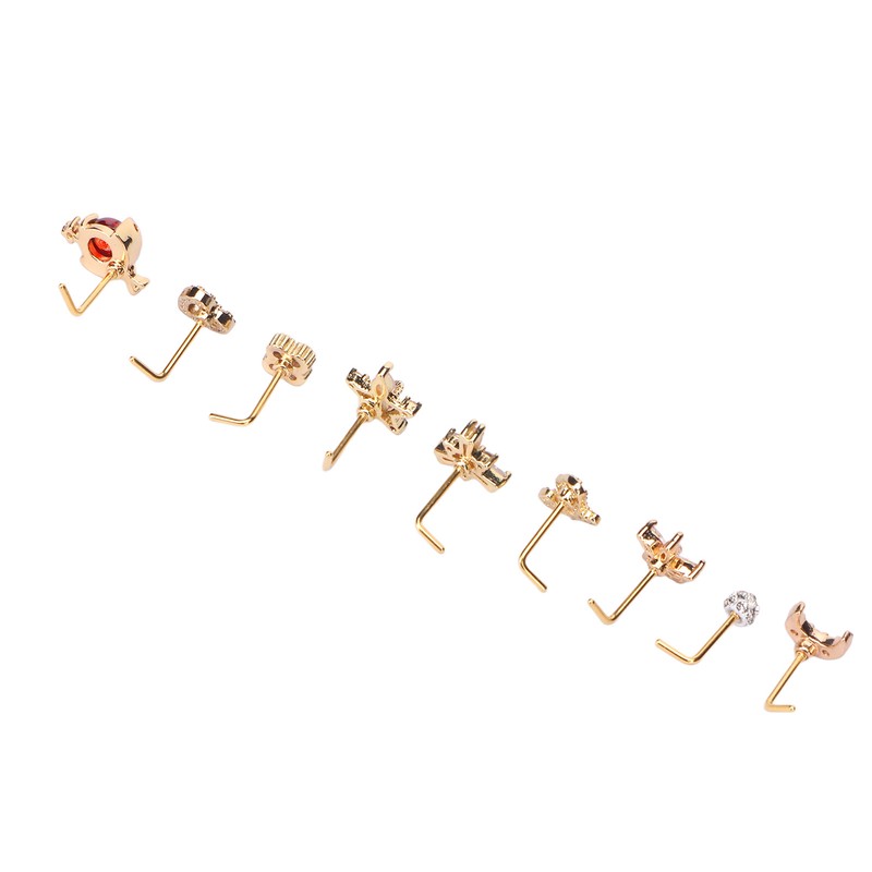 9pcs Nose Studs Set Golden Stainless Steel L Shape Shiny
