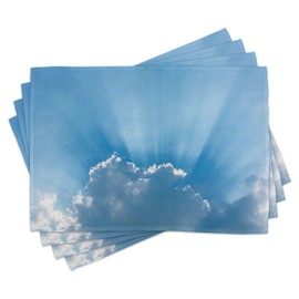 ABAKUHAUS Landscape Place Mats, Sunburst Theme Lines, Washable Fabric Dining Room Kitchen Table Decoration Digital Print, Green Blue