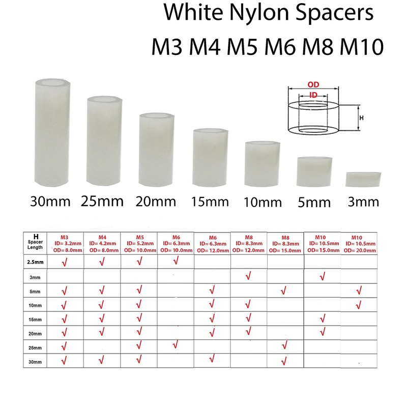 M5 x 30mm White Nylon SPACERS Plastic Standoff Washers Outside