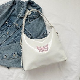 Butterfly Decor Pu High Capacity Zipper Closure Fashion Shoulder Bag Suitable For Women - Color: WHITE