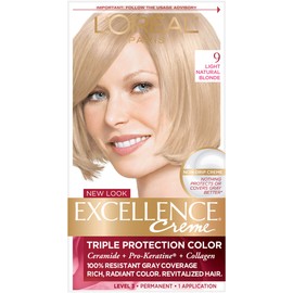 L'Oreal Paris Excellence Creme Permanent Hair Color, 9 Light Natural Blonde, 100 percent Gray Coverage Hair Dye, Pack of 1