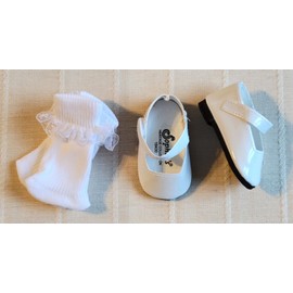 Sophias shoes, unbranded socks Shiny Communion shoes for American Girl or other 18" dolls. With frilly anklets.