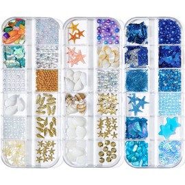 GULELAYAR 3 Boxes Summer Beach Art Rhinestones, Ocean Theme Charms Starfish Seashell Conch Studs Sea Series Rivets Manicure DIY Nail Decorations for Women Girls (B)