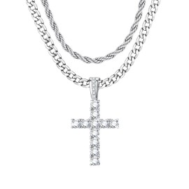 925 Sterling Silver Cross Necklace for Men Women - Cubic Zirconia Cross Pendant Necklace Stainless Steel Diamond Cut Cuban Link Rope Chain Layered Necklaces Jewelry 18&20 Inches