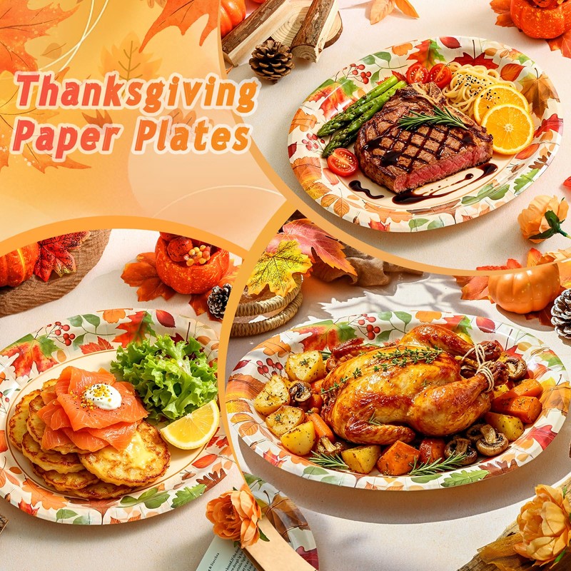 50 PCS Thanksgiving Oval Paper Plates Disposable, Fall Paper Plates,