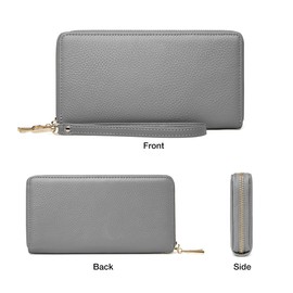 FOXLOVER Litchi Grain Leather Wallets for Women Large Wristlet Purses Billfolds RFID Card Cases Money Organizers Zipper Closure Coin Pocket(Litchi Grain-Grey)