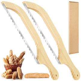 Gokbuy 2 Pack Serrated Bread Knife, Wooden Bread Slicer for Homemade Bread, Premium Stainless Steel Bread Bow Knife for Bagels, Baguettes and More