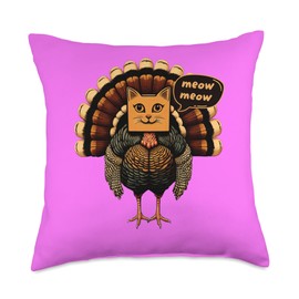 Cat Turkey Farmer Meowing Thanksgiving Humor Tee Funny Thanksgiving Humor Farm Animal Fake Cat Gobble Turkey Throw Pillow, 18x18, Multicolor