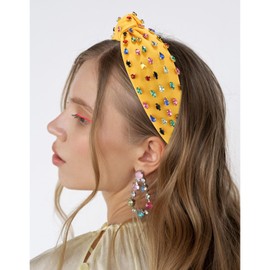 Atoden Yellow Headband Knotted Headband for Women Head Bands for Women's Hair Rhinestone Jeweled Womens Headbands Wide Top Knot Headbands Beaded Headband Embellished Headbands Crystal Hairband