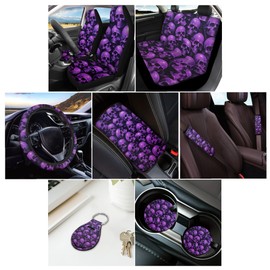 Baxinh Skull Printed Car Seat Covers 12 Piece Set, Easy Install Breathable Steering Wheel Cover, Armrest Pad Cover for Women Men, Purple