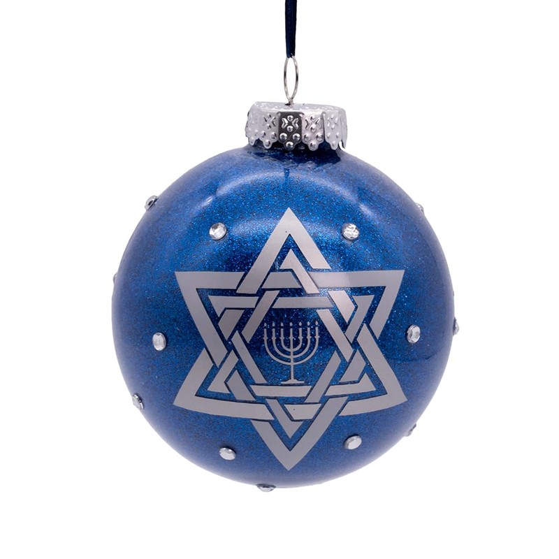 Kurt Adler 80mm Glass Happy Hanukkah Blue Ball Ornament