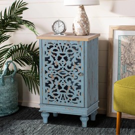 PHI VILLA Small Accent Storage Cabinet with Single Door - Decorative Nightstand for Living Room Bedroom, End Side Table Cabinet Blue