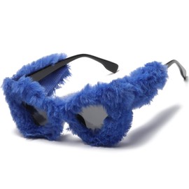 LASPOR Women Plush Fuzzy Cat Eye Sunglasses Punk Soft Velvet Shades Ladies UV400 Handmade Party Eyewear (Dark Blue)