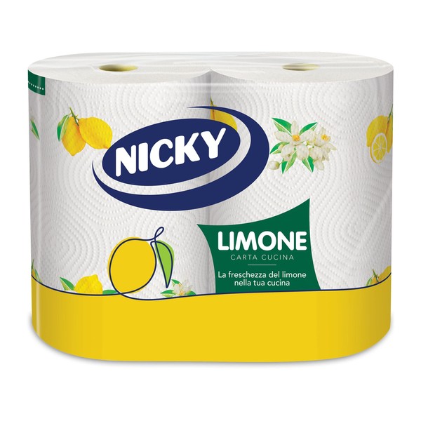 Nicky Lemon Kitchen Paper – 2 Rolls of 100 Absorbent Sheets, 2 Ply Thick, Durable Fresh Lemon Scent, 100% FSC® Certified Paper
