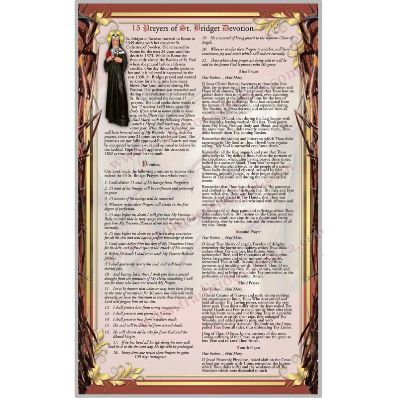 15 Prayers of St. Bridget of Sweden devotion large laminated