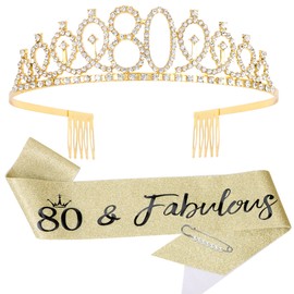 Vovii 80th Birthday Sash and Tiara, Gold Tiara, 80th Birthday Gifts for Women, 80th Birthday Decorations for Women, Happy 80th Birthday Decorations