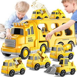 iHaHa Construction Toys Cars Truck for 1 2 3 4 5 6 Years Old Boys Toddlers, 5 in 1 Carrier Trucks Cars Toys for Toddler Boy Girl Birthday, Cars Friction Power Toys with Light Sound