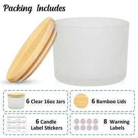 SUPMIND 16oz 3 Wick Candle Jars 6 Pack - Large Empty Frosted Glass Candle Making Jars with Bamboo Lids, with Stickers and Labels, Bulk Candle Containers for Making Candles