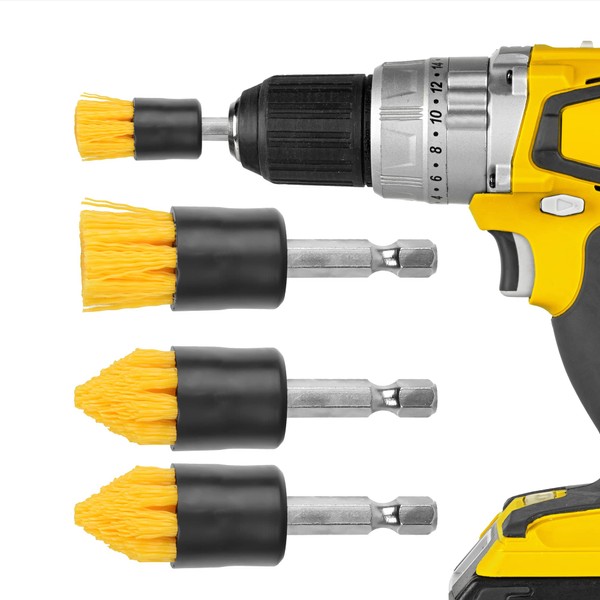 [4 Pack] .75”W Drill Brush Attachment Set - 2 Tapered & 2 Flat - All Purpose Detail Brush Attachments for Cordless Drill - Tile & Grout Drill Brush Set - Drill Attachments for Cleaning, 5/8"L Bristles