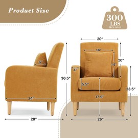 Athena Collection Modern Accent Chair with Cushion, Comfy Upholstered Fabric Reading Chair for Adult, Soft Sofa Armchair for Living Room, Bedroom, Dorm, Yellow