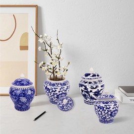 Set of 4 Small Blue and White Porcelain Vases, Chinoiserie Vase Decor Porcelain Ginger Jars for Home Decor, Bedroom, Living Room, Console Tabletop Decor, Table Accent Shelf(350 ml)