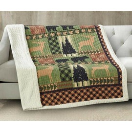 Private NEW COUNTRY SIDE FOREST GREEN QUILTED SHERPA SOFT THROW BLANKET 50x60 INCH