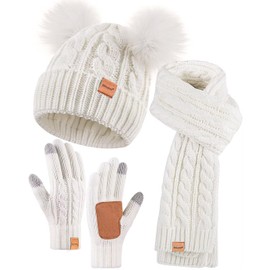 Winter Hat Scarf Glove Set for Women, Warm Fleece Lined Womens Beanie Hat with Double Pom Pom, Gloves with Touchscreen Fingers, Knit Scarf Neck Warmer, Xmas Gift Set for Cold Weather-A-03 White