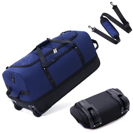 Romatime 32" 110L Expandable 140L Soft-Sided Rolling Duffle Bag, Foldable Extra Large Sport Bag with 2-Inline Wheels, Navy