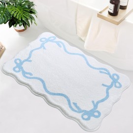 SHIYUE Scalloped Bow Bathroom Mat, Coquette Cute Non Slip Rug Aesthetic Preppy Microfiber Room Decor, Soft Bathtub Decoration(18"×26" Sky Blue)